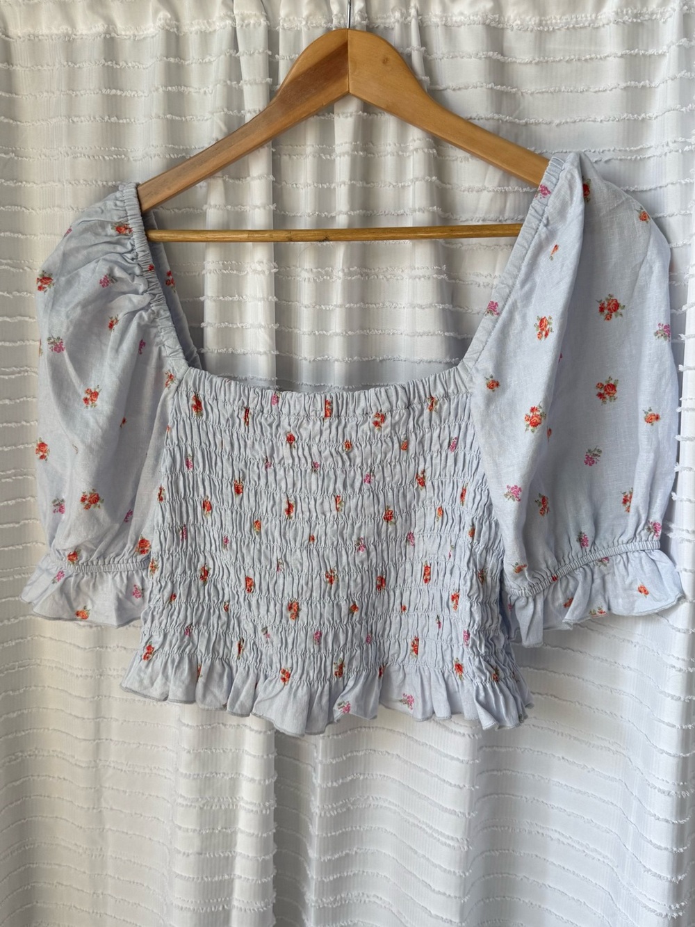 Altar'd State Light Blue Floral Smocked Puff-Sleeve Crop Top - Picture 2 of 7